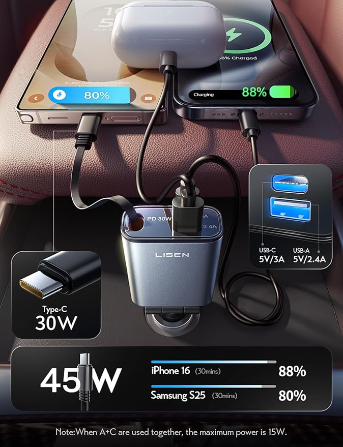 LISEN Retractable Car Charger, Car Charger USB C Fast Charge【98% Less Space,Mini】 57W Fast Charger for iPhone 17 16 15 Pro Max Plus Air, RV Electronics Interior Sets Car Accessories