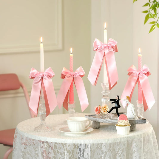 Skiennix 12 Pcs Pink Candlestick Bows - Double-Layer Satin Ribbon, Pre-Tied 7.9'' Bowknot for Weddings & Parties