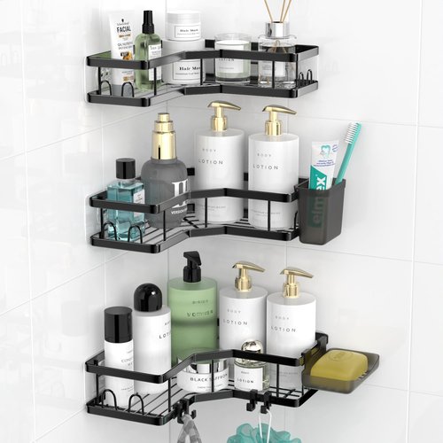 AKTECKE Corner Shower Caddy - Stainless Steel Adhesive Bathroom Organizer | 3-Pack Rustproof Rack