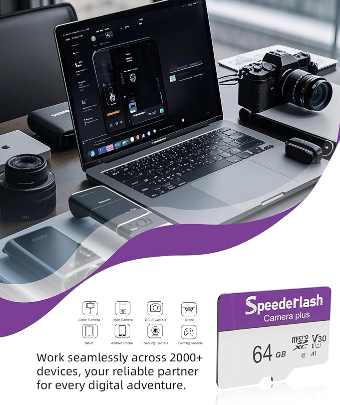 Micro SDXC Memory Card 64GB Pack, Speederlash Camera Plus TF Card with Adapter, 90MB/s Read Speed, 4K UHD&5K Video Support, U3 V30 A1 Rated, for Security Camera, Smartphone, Drone, Tablet, PC