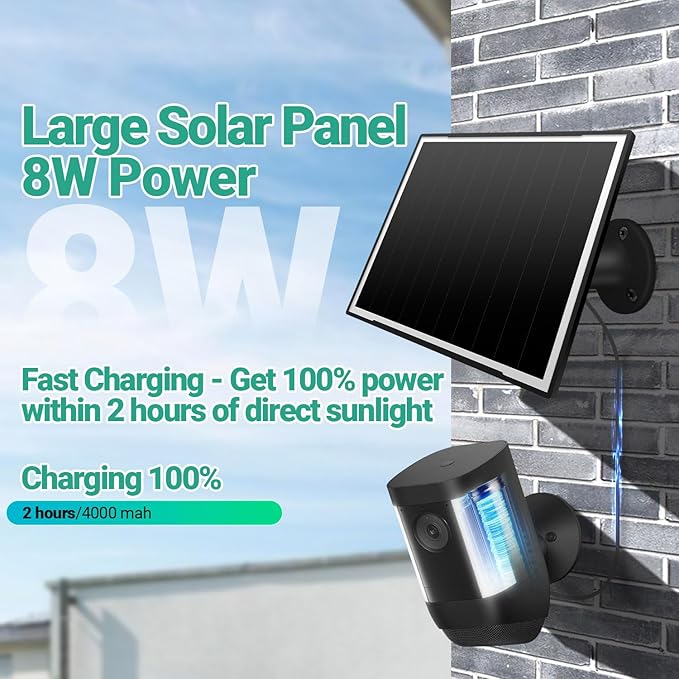 2 Pack Solar Panel for Ring Camera/Wyze Cameras, 8W Solar Charger Compatible with Stick Up Cam Pro/Plus & Spotlight Cam (Battery) Plus/Pro - Waterproof, 16ft Long Cable, DC3.5mm & USB C Ports, Black