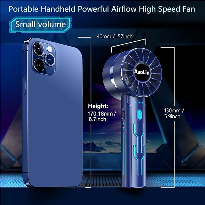 AaoLin 2pcs Portable Handheld Turbo Fan with 7000rpm High-Speed Motor USB Rechargeable Cooling Personal Fan 4-Speed, 4-16H Runtime, with Lanyard for Outdoor Travel, Women, Kids, Summer Gift