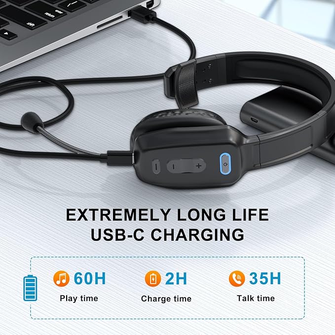 Bluetooth Headset, 60hrs AI Noise Canceling V5.2 Over Head Headphones, Single Ear Trucker Wireless Headset with Mic, Mute Button, Multipoint, for Phones PC Computer Truck Driver Office Work - Black