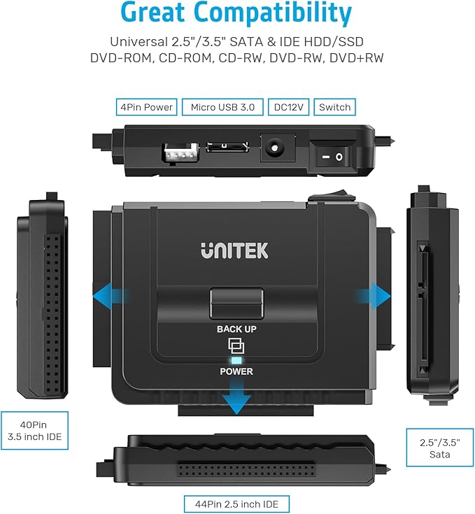 Unitek USB 3.0 to IDE and SATA Converter External Hard Drive Adapter Kit for Universal 2.5/3.5 HDD/SSD Hard Drive Disk, One Touch Backup Function, Included 12V/2A Power Adapter