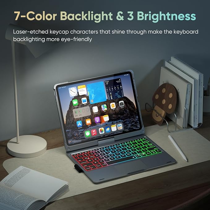 doqo Keyboard case for iPad Air 11 inch(M4/M3/M2),iPad Pro 11(4th,3rd,2nd,1st Gen),iPad Air 5/4th Case with Keyboard 360° Rotatable with Trackpad 7 Color Backlight Pencil Holder(Gray)