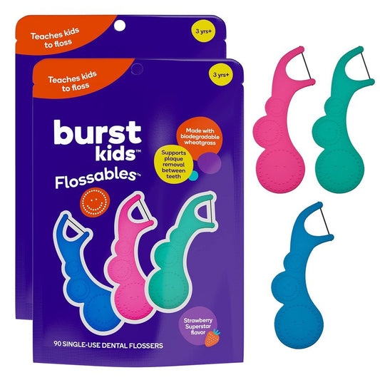 BURST Kids Flossers (180 Count/2 Pack) | Strawberry Aroma | Toddler Dental Flossable Picks with Ergonomic Design | No-Slip Grip | Smiley Face and Fun Colors |