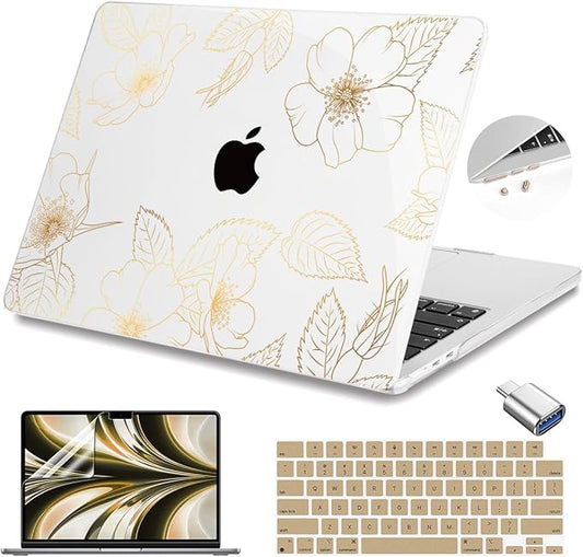 Teryeefi for MacBook Air 13.6 inch Case M5 M4 M3 M2 2022 2023 2024 2025 Model A2681 A3113 A3240 A3449 Plastic Hard Shell Cover with Screen Protector & Keyboard Cover & USB Adapter, Gold Flower Leaf
