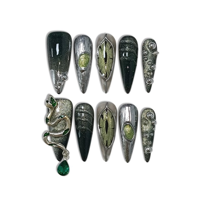 TENPAL Long Stiletto Press on Nails,Gothic Punk Green Cat Eye Nails Glow & 3D Snake with Gem,Black Silver Metallic Fake Nails Kits,10pcs Soft Gel False Nails with Steel Bead for Party Gifts(S)