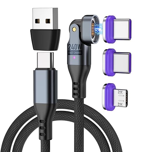 Bojianxin 240W Magnetic Charging Cable ，180°Rotating USBC to USB C Magnetic Data Cable ，Micro USB Phone Fast Charger Cable Data Transfer for Laptop/Tablet/Smart Phone (3ft)