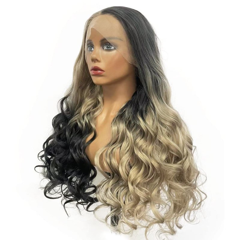 Peakia Long Wavy Blonde Black Ombre Natural Half Hand Tied Synthetic Lace Front Wig