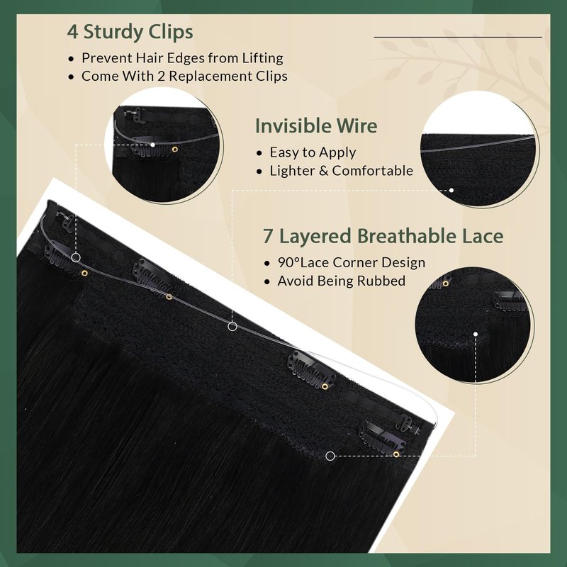 Ugeat Wire Hair Extensions Jet Black, Invisible Wire Hair Extensions Real Human Hair Jet Black, Natural Looking for Women Thin Hair Short Length 12 Inch 70g