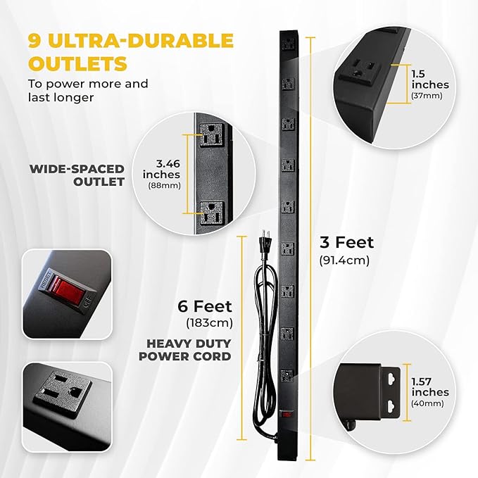 Opentron 9 Black Verticle Outlets 6 Feet Power Cord Heavy Duty Metal Surge Protector Power Strip