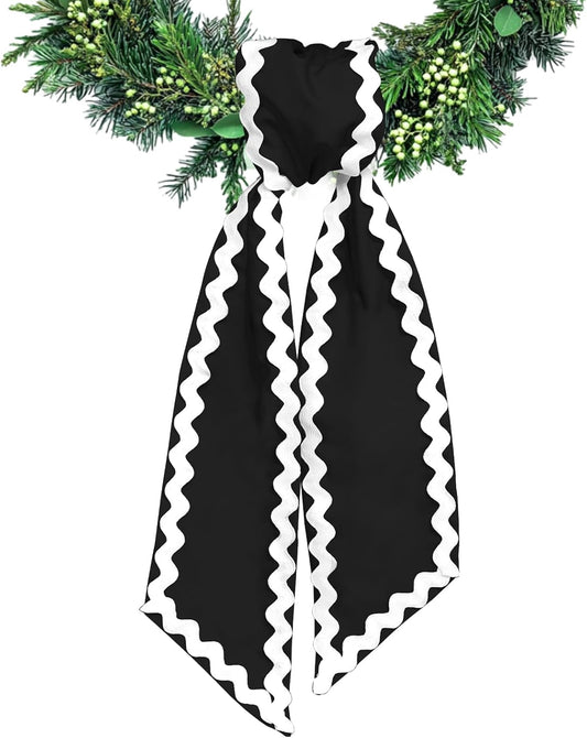 Wreath Sash for Front Door Black Wave Cotton Wreath Satin Sash Garland Ribbon Accessories for Wreaths Yard Doorway Indoor Outdoor Bow Bridal Shower Home Decor,5.11 x 54.33