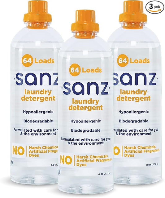 SANZ Hypoallergenic Eco-Friendly Laundry Detergent - Free and Clear for Sensitive Skin, Gentle for Babies, Ultra Concentrated, HE, Dye Free, Superior Cleaning Odor & Stain Remover, 192 Loads (3 Pack)