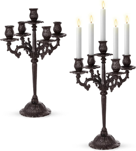 Vintage Candelabra - 5 Arm Cast Iron Candlestick Holders with Flower & Vine Design | 17in Tabletop Decor for Weddings, Christmas & Home Parties