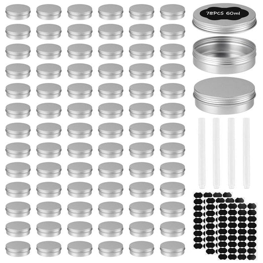 OBKJJ 78 Pcs 2 Oz Aluminum Tin Cans Round Cans with Screw Lids, Refillable Cosmetic Metal Containers Food Candle Containers with Screw Tops for Crafts, Food Storage, DIY