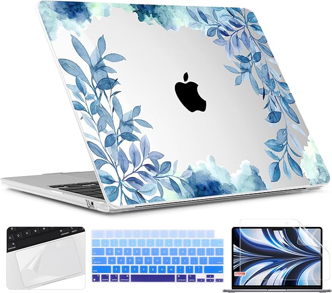 TWOLSKOO for MacBook Air 13 inch Case M5 2026 M4 2025 M3 M2 2024-2022 A3449 A3240 A3113 A2681, Plastic Hard Shell & Keyboard Cover & Screen Film for MacBook Air 13.6 inch Case, Blue Floral