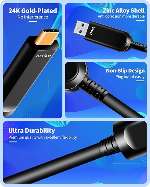 DWLCWY Fiber Optic USB A to USB C Cable 33ft, 10Gbps Active Optical Long-Distance USB-C Extension with SiliconLine Chip, EMI-Free for 4K Video Conferencing Rooms, Industrial Equipment,Data Center