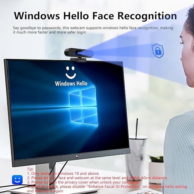 MOERTEK Window Hello Webcam, 1080P 30fps Camera with Noise-reducing Mic, Plug & Play, 90° Wide Angle, Built-in Privacy Cover, 360° Rotation & 90° Tilt, Perfect for Zoom, Google Meet, Microsoft Teams