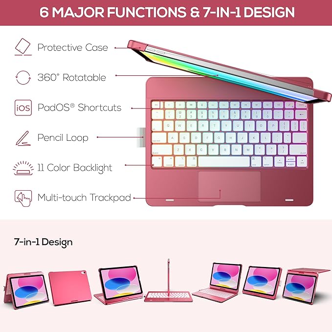 typecase Touch iPad 11th 10th Generation Case with Keyboard (11" 2025, A16 & 10.9" 2022) – 360° Rotatable, 11-Color Backlit, Multi-Touch Trackpad, Pencil Holder, Thin & Light – Pink
