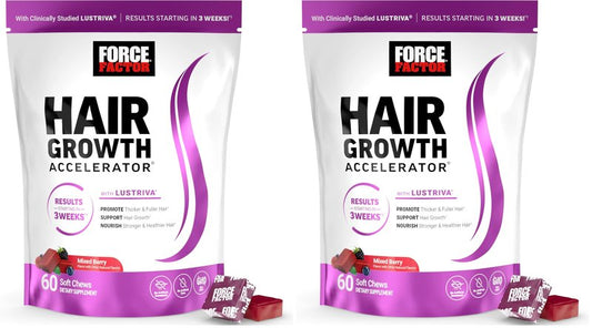 Force Factor Hair Growth Accelerator Soft Chews, Vitamins for Women and Men with Clinically Studied Lustriva and Biotin, Promotes Thicker, Fuller, Stronger Hair, Mixed Berry, 60 Soft Chews (Pack of 2)