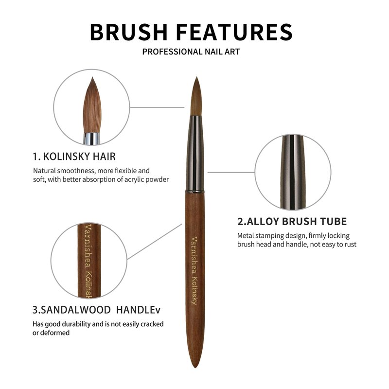 varnishea Pure Kolinsky Hair Acrylic Nail Brush Sandalwood Handle Professional Manicure Brushes for Powder Nail Acrylic Application - Salon & DIY Nail Art Essentials - Size 12, 1.0 Count
