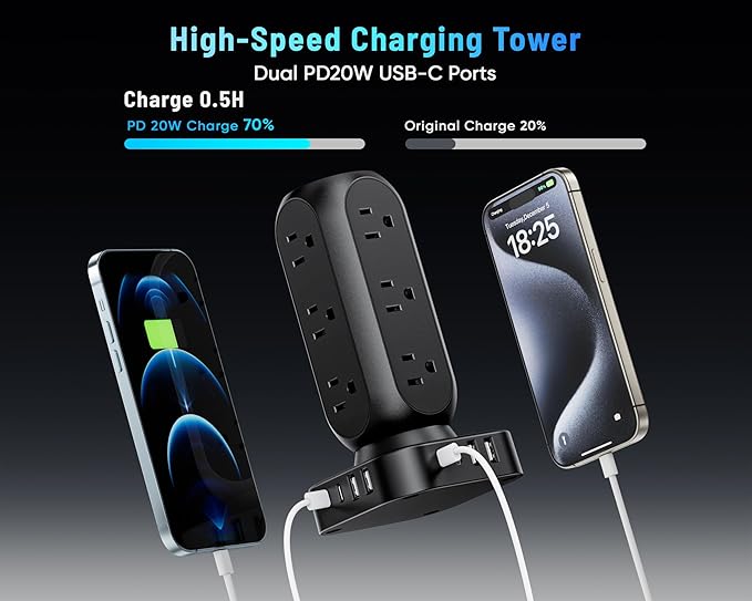 Flat Plug Power Strip Tower, TenTrend Dual PD 20W USB-C Charger Tower with 12 AC Outlets & 8 USB Ports (4 USB C), 40W Total Fast Charging Station, 10FT Extension Cord for Desk Office Dorm Room