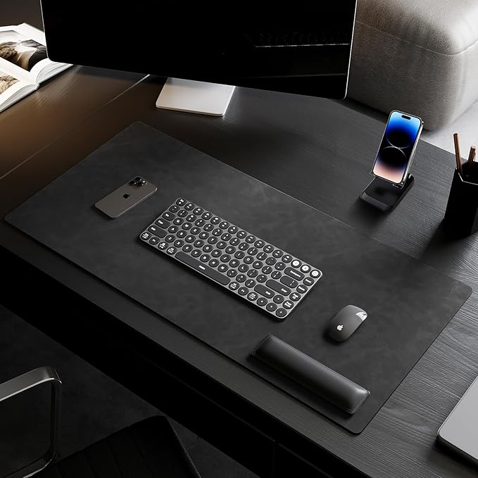 Leather 15.7"x 31.5" Desk pad for Computer and laptops, Ideal for Gaming and Office use, Large Mouse pad and Keyboard mat,Desk mat Special for man. A complimentary Wrist pad and Phone Stand.(Black)