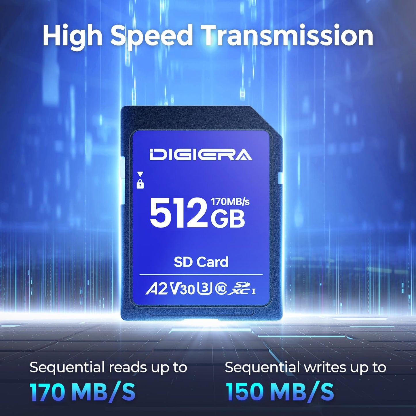 DIGIERA 512GB LS100 SDXC UHS-I Memory Card - up to 170MB/s, C10, U3, V30, 4K UHD, SD Card for Computers, Digital Cameras, Home Theatre Devices, Car Navigation Systems (1 Pack)