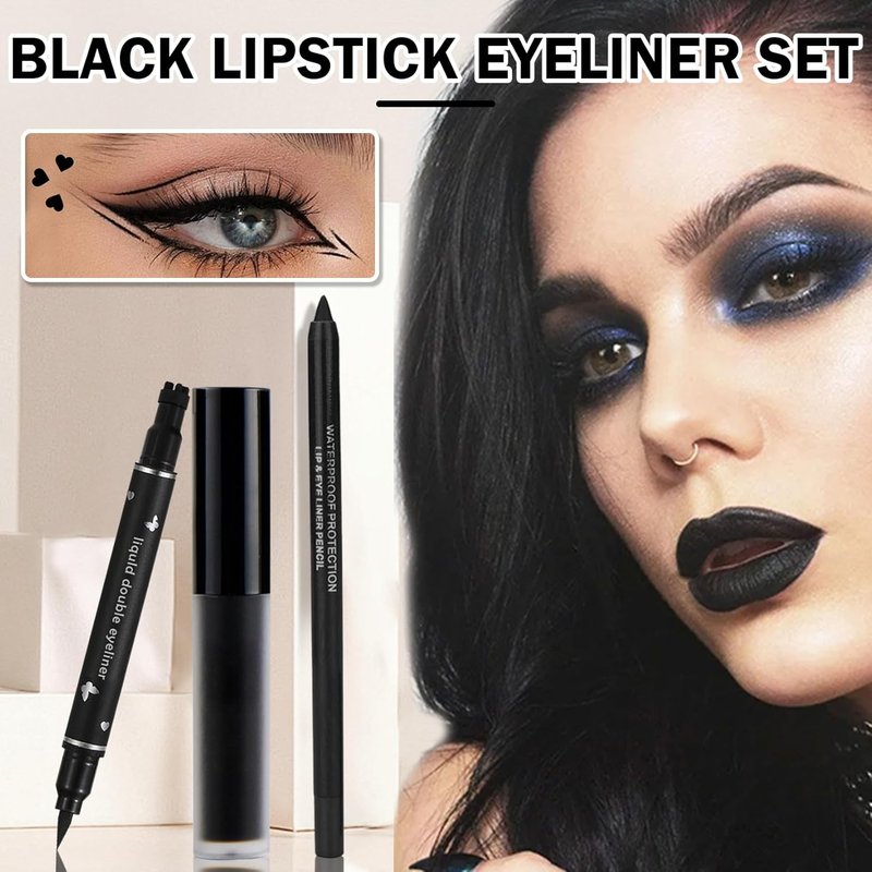 Black Matte Lipstick Set - 3PCS Lip Liner & Liquid Eyeliner Stamp | Long-Lasting Smudge-Proof for Halloween & Goth Makeup