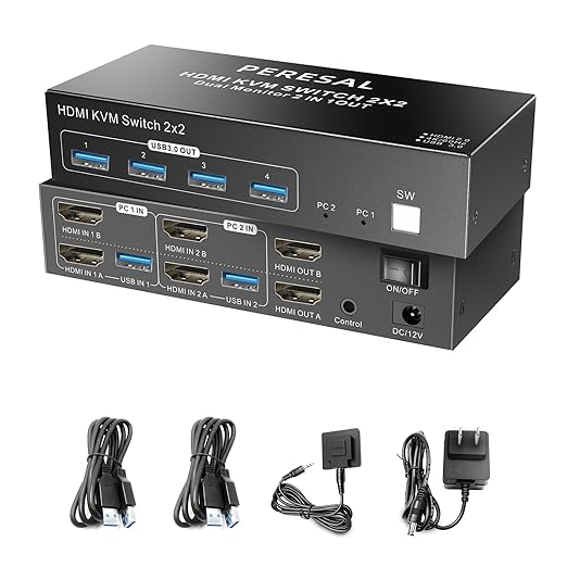 PERESAL Dual Monitor HDMI KVM Switch, 2 Computers 4K60Hz Dual Monitor KVM Switches for PC or Laptops,4 USB 3.0 Ports Support Extended/Copy Mode with DC 12V Adapter&Wired Controller