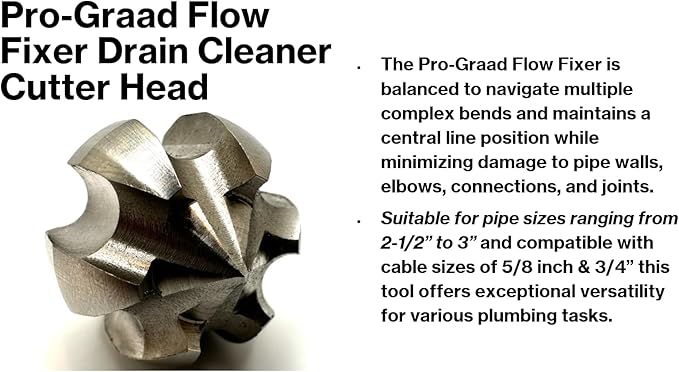 2” Flow Fixer Drain Cleaner Plumbing Snake Cutter Head for 2-1/2" - 3" Pipes, Clears & Scrapes Pipe Inner Walls, Fits 5/8” & 3/4" Cables, for Commercial & Residential Use