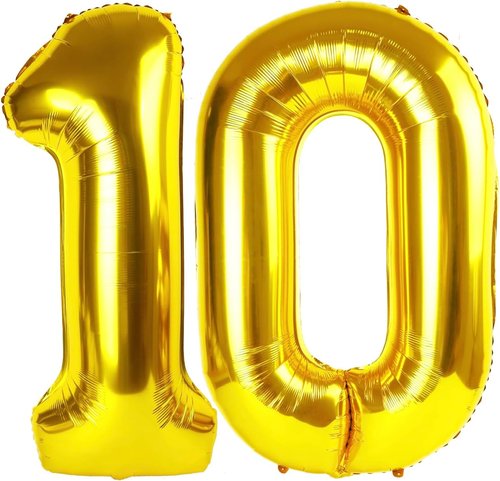 Gold Number 10 Balloon - 40 Inch Giant Foil Balloon for 10th Birthday Party Decorations