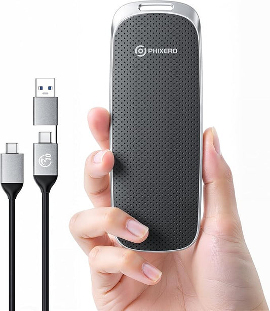 PHIXERO P10PRO External NVMe SSD 256GB, Up to 1050MB/s, USB 3.2 Gen2, Includes 2-in-1 USB C Cable, Portable Hard Drive for iPhone 15/16 PRO/Android/Mac, Black