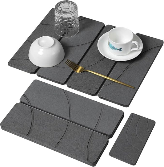 Small Stone Dish Drying Mat for Kitchen Counter, 2 PCS 16"×12" & 8"x4" Quick Dry Stone Mats, Foldable Water Absorbing Diatomite Drying Dish Pad for Countertop Bottles Utensils Cups(Carved Gray)