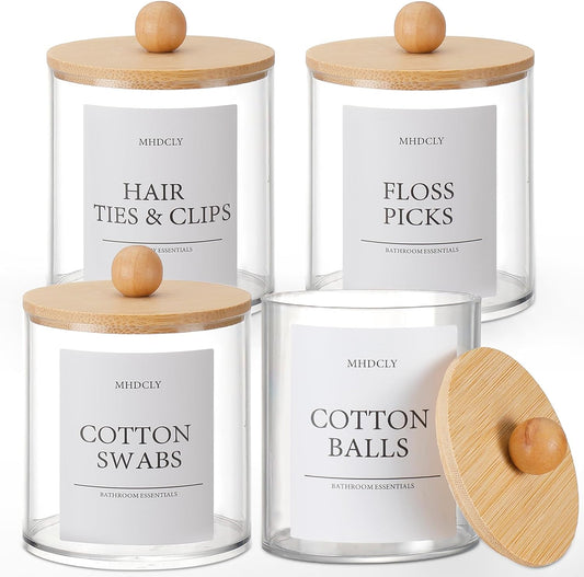 Skiennix Bathroom Organizers - 4 Pack Storage Accessories with Bamboo Lids | Stylish Home Decor