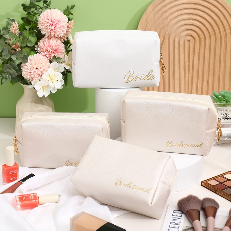 Hillban 6 Pcs PU Leather Bride Makeup Bag Cosmetic Bridesmaid Waterproof Toiletry Travel Bag Pouch Purse Gifts for Bridal Shower, Wedding, Engagement Gifts, Bachelorette Party(White, Ivory White)
