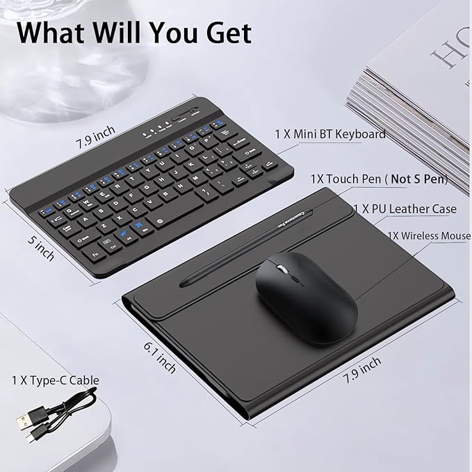 voppton for Samsung Galaxy Z Fold 7 6 5 Keyboard and Mouse, Portable Mini 7.9 inch Bluetooth Keyboard with Leather Stand Case and Pen, 4 in 1 Travel Set for Z Trifold Fold7 Accessories,Black