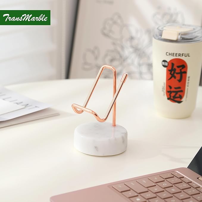 TransMarble Marble Phone Stand with Metal Holder, Charging Available While Using, Swipe Up to Unlock, Made of Natural Marble as Business Card Holder for Office Desk (Starry White + Rose Gold)