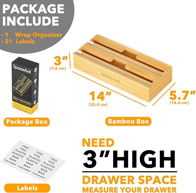 SpaceAid WrapNeat 2 in 1 Wrap Organizer with Cutter and Labels, Plastic Wrap, Aluminum Foil and Wax Bamboo Dispenser for Kitchen Storage Organization Holder for 12" Roll (Natural, 2-Slot)