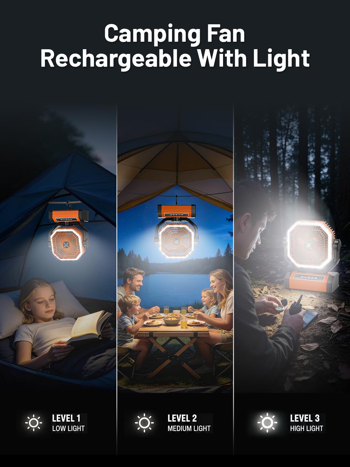 Battery Powered Fan - 9-Inch Rechargeable Fan Portable, 24000mAh(60Hrs) Camping Fans for Tent, Auto Oscillation Cordless, Tent Fans for Camping with Remote/light, 4 Speeds, 4 Timing, Outdoor