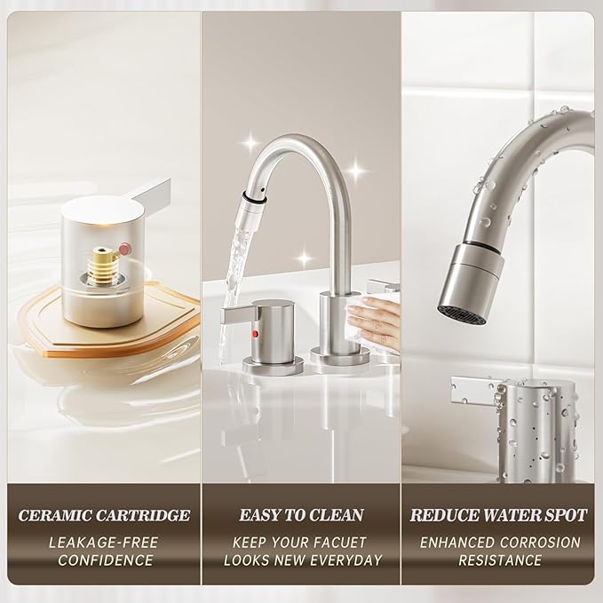 Phiestina Pull Down Sprayer Brushed Nickel Widespread Bathroom Sink Faucet, 8 Inch 2 Handles 3 Hole Pull Out Bathroom Faucet,with Pop Up Drain and Water Supply Line,BF04022-K01-GBN