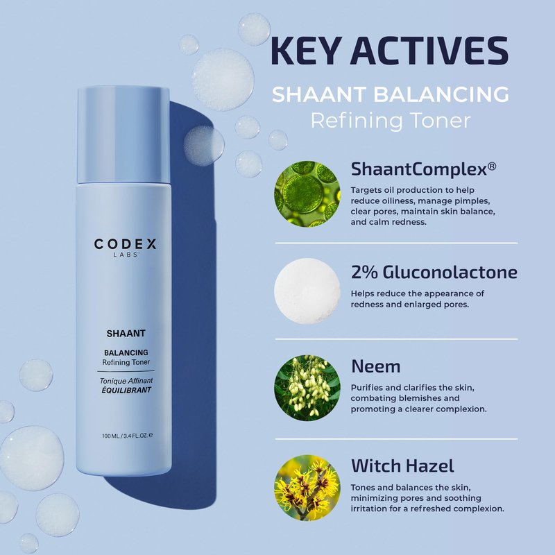 Codex Labs Shaant Refining Toner - Hydration & Pore Minimizer - for Acne Prone Skin - with 2% Gluconolactone - Cruelty-Free, Vegan Skincare (100ml)