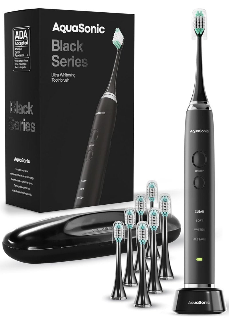 Aquasonic Black Series Ultra Whitening Toothbrush â ADA Accepted Electric Toothbrush- 8 Brush Heads & Travel Case â 40,000 VPM Electric Motor & Wireless Charging - 4 Modes w Smart Timer