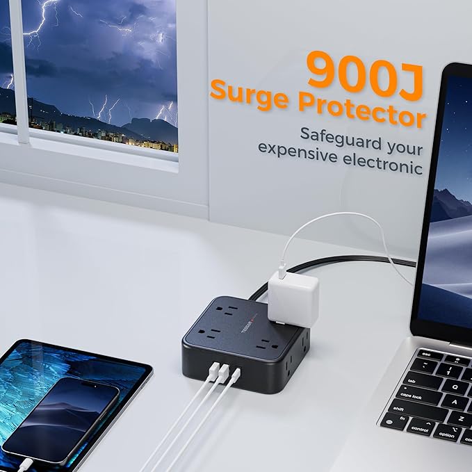 TESSAN Surge Protector Power Strip, 5 Ft Flat Plug Extension Cord with 3 USB (1 USB C) 8 Outlets, 1250W, 900J Protection, 3 Sided Outlet Extender with Power Switch for Office, Dorm Room, Black