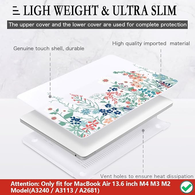CISSOOK for MacBook Air 13.6 Inch Case 2022 2023 2024 2025 2026 Release Model A2681 A3113 A3240 A3449, Matte Frosted Hard Shell Cover with Keyboard Cover for MacBook Air 13.6 M2 M3 M4 M5 - Wildflowers