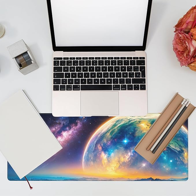 Eflxamz Desk Mat,Galaxy Earth Planet Desk Pad,Science Fiction Cosmic Large Gaming Mouse Pad for Desk,Extended Big Computer Keyboard Mouse Pad with Non-Slip Base and Stitched Edge,31.5"x11.8"