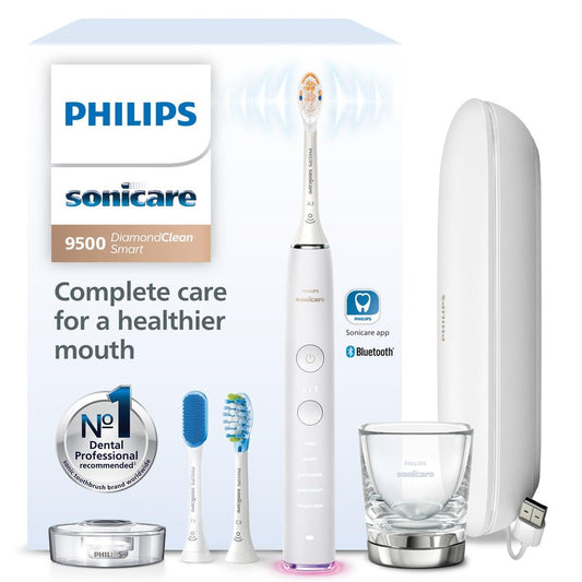 Philips Sonicare DiamondClean Smart 9500 Electric Toothbrush - Sonic Toothbrush with App, Pressure Sensor, 15 Brushing Settings, Replacement Reminder, USB Charging Travel Case, White, Model HX9923/01