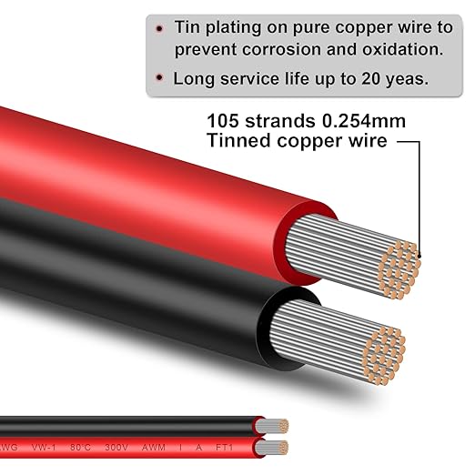 Shirbly 10 Gauge Wire 100FT Tinned Copper Wire-2 Conductor Parallel Wire Insulated Stranded Wire for Solar Panel Car Audio Automotive Low Voltage Electrical Wire for LED Lighting (10AWG 100FT)
