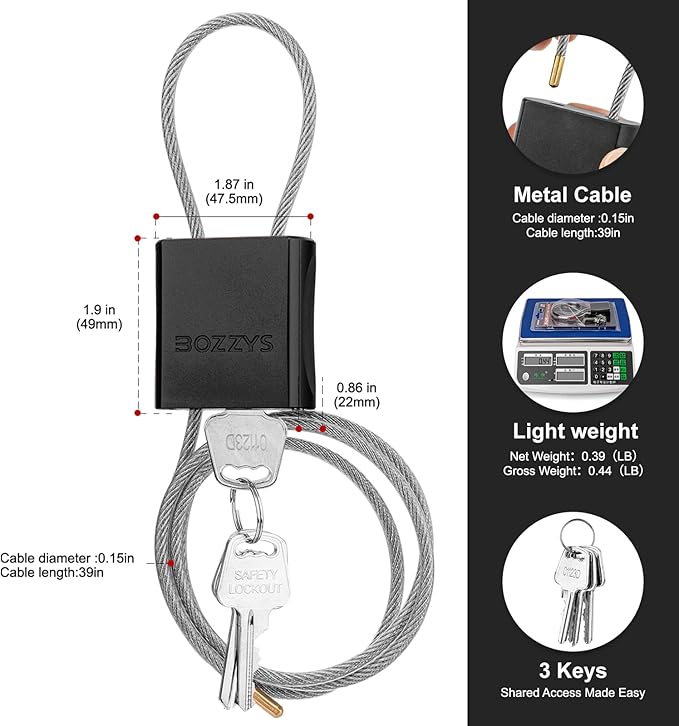 BOZZYS Cable Lock with 3 Keys | L 3.28ft(1m),D 1/6in(4mm) Adjustable Steel Cable Padlock | Aluminum Locks for Bikes, Gate, Lockers & Outdoor Gear | Weatherproof & Black